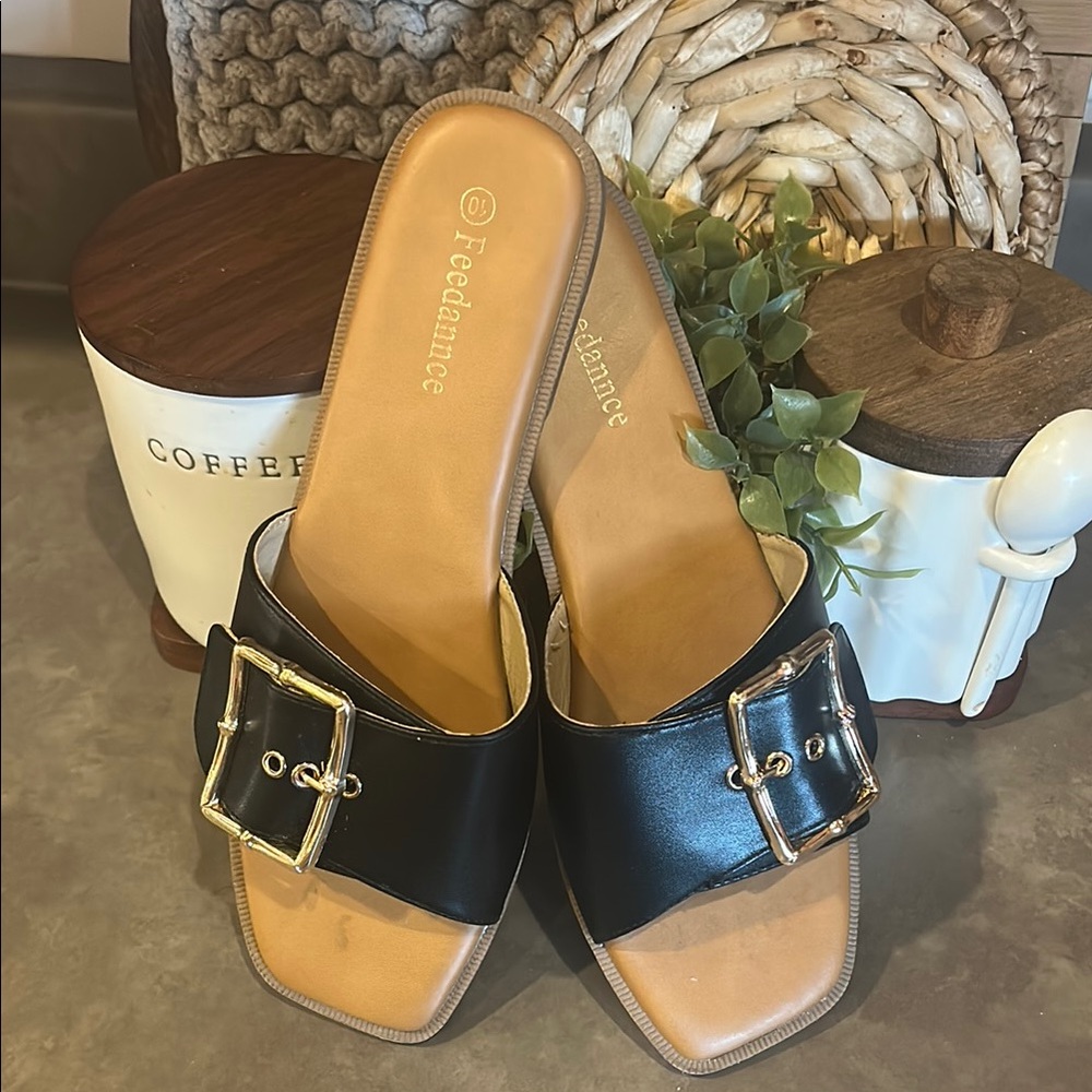 Wide Buckle Black Slide Sandals